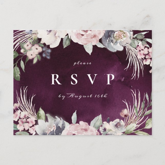 Cartão Postal De Convite Plum & posty pink boho floral RSVP (Frente)
