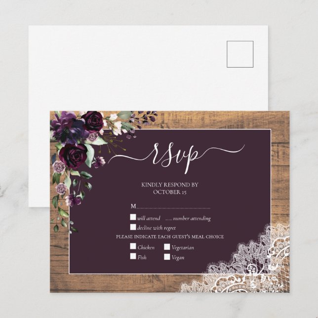 Cartão Postal De Convite Plum Purple Floral Lace Wood Weding RSVP (Frente/Verso)