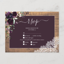 Cartão Postal De Convite Plum Purple Floral Lace Wood Weding RSVP
