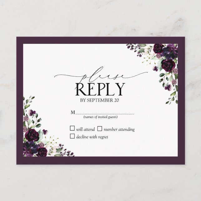 Cartão Postal De Convite Plum Purple Mauve Watercolor Floral Weding RSVP (Frente)