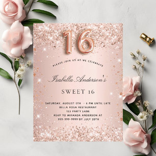Cartão Postal De Convite Poeira de brilho rosa dourado doce 16 glamour