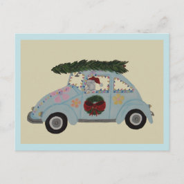 Cartão Postal De Convite Poodle em Carro Hippie no Natal