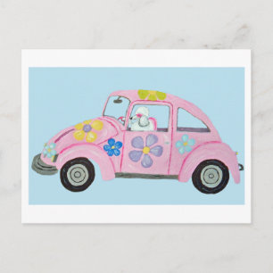 Cartão Postal De Convite Poodle Hippie no Carro do Amor da Criança Flor
