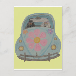 Cartão Postal De Convite Poodles Hippies no seu Carro de Amor Filhos das Fl