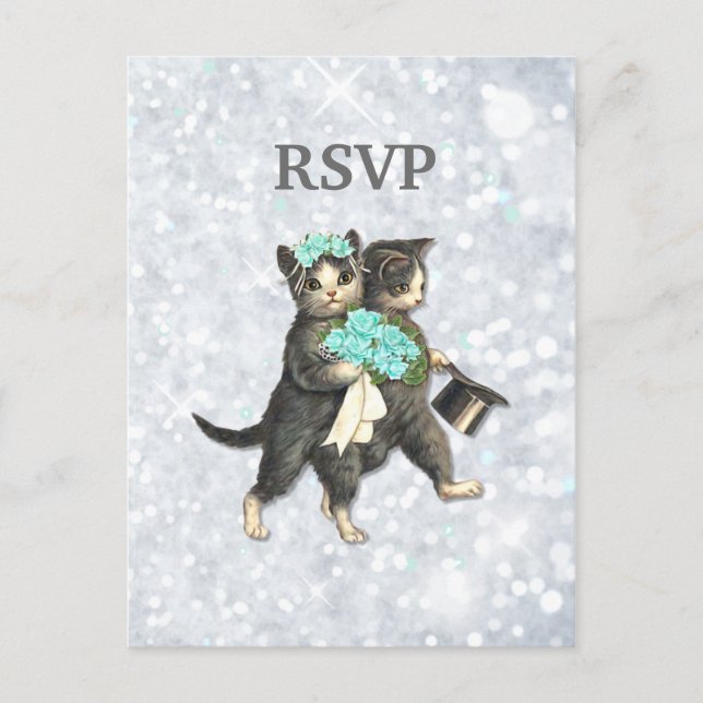 Cartão Postal De Convite Posh Cats Wedding Silver Sparkle RSVP (Frente)