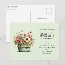 Cartão Postal De Convite Potted Flowers Cozy Shabby Style Cute Birthday