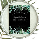 Cartão Postal De Convite Povoado negro de aniversário de eucalipto verde<br><div class="desc">Um convite de tendência para um tema de 40ª (ou qualquer idade) festa de aniversário,  encantado da floresta. Um fundo preto com samambaias e eucalipto verde. O nome é escrito com um moderno estilo escrito à mão. Personalize e adicione os detalhes da sua festa.</div>