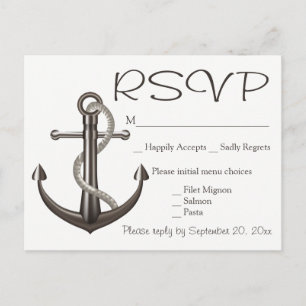 Cartão Postal De Convite Praia Náutica Marrom RSVP Navio Anchor Wedding