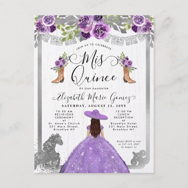 Cartão Postal De Convite Prata Floral Roxo Charra Boot Horse Quinceanera (Frente)