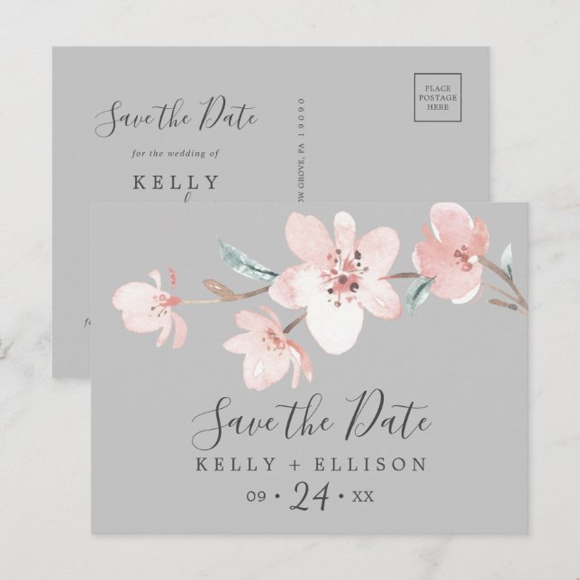 Cartão Postal De Convite Primavera Cherry Blossom Cinza Salve a data do car (Frente/Verso)