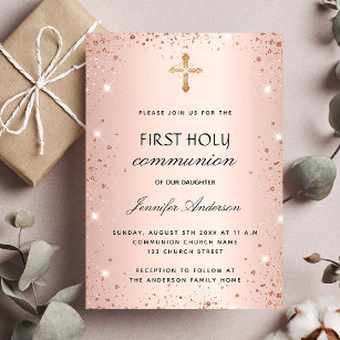 Cartão Postal De Convite Primeira garota rosa dourada da comunhão