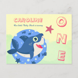 Cartão Postal De Convite Primeiro aniversário adorável tubarão bebê oceano 