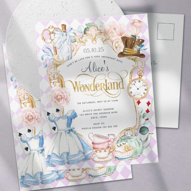Cartão Postal De Convite Primeiro aniversário de Alice onederland tea party (Criador carregado)