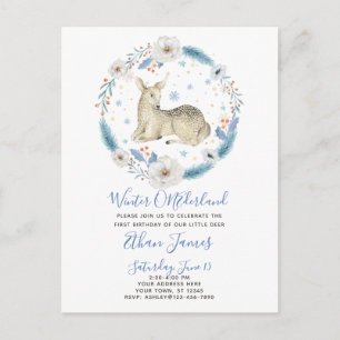 Cartão Postal De Convite primeiro aniversario de Winter ONEderland Deer Flo