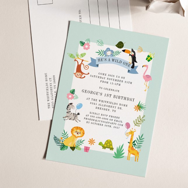 Cartão Postal De Convite Primeiro aniversario Selvagem Selvagem Selvagem Se (Wild One First Birthday Forest Animals Themed Party Invitation)