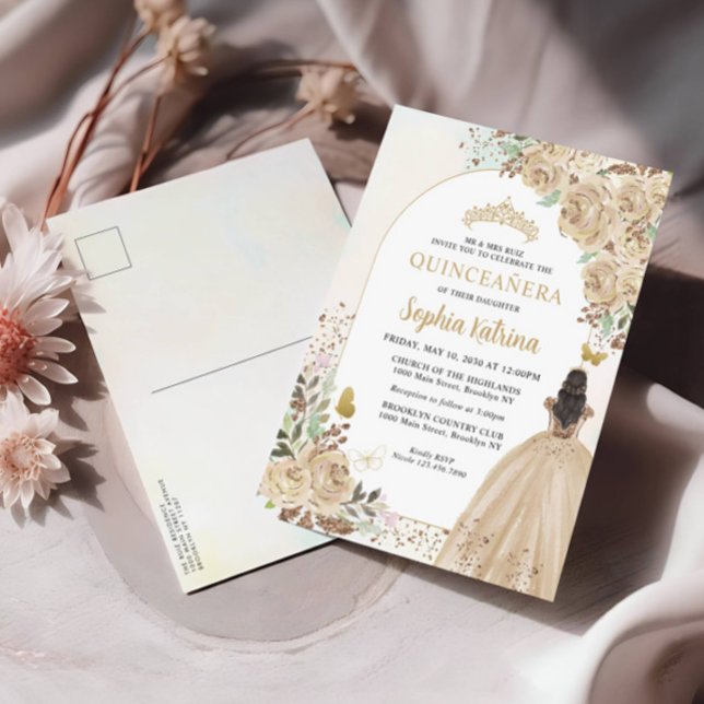 Cartão Postal De Convite Princesa Dourada Floral Birthday Quinceanera (Criador carregado)