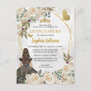 Cartão Postal De Convite Princesa Floral Dourada Negra Quinceañera