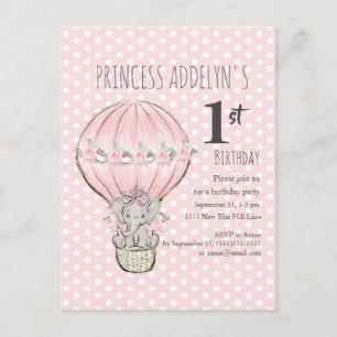 Cartão Postal De Convite Princesa Rosa Elefante Balão Pontos 1º Aniversário