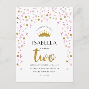 Cartão Postal De Convite Princesa segundo aniversário Confetti Dourado e