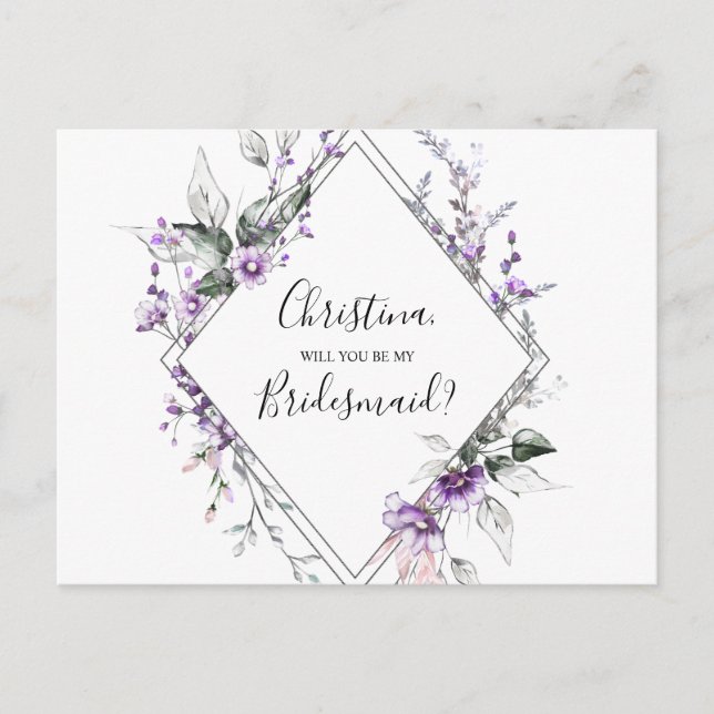 Cartão Postal De Convite Proposta de Bridesmaid Personalizada Roxo Floral (Frente)