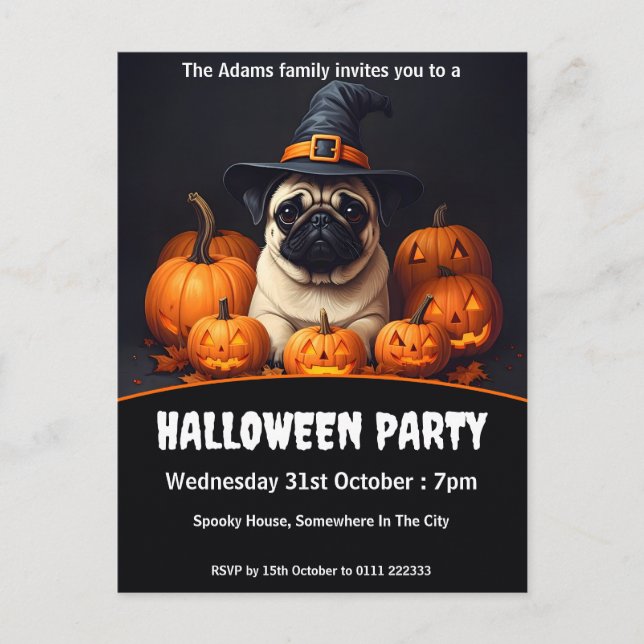 Cartão Postal De Convite Pug Halloween Party (Frente)