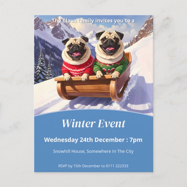 Cartão Postal De Convite Pug Sled Ride Christmas (Frente)