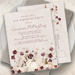 Cartão Postal De Convite Pumpkin Branco Burgundy aniversário de 30 anos<br><div class="desc">As abóboras brancas elegantes estão aninhadas em flores de cor-de-água brancas e arrojadas.</div>