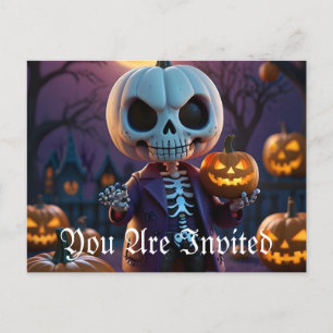 Cartão Postal De Convite Pumpkin Patch Skeleton Companion