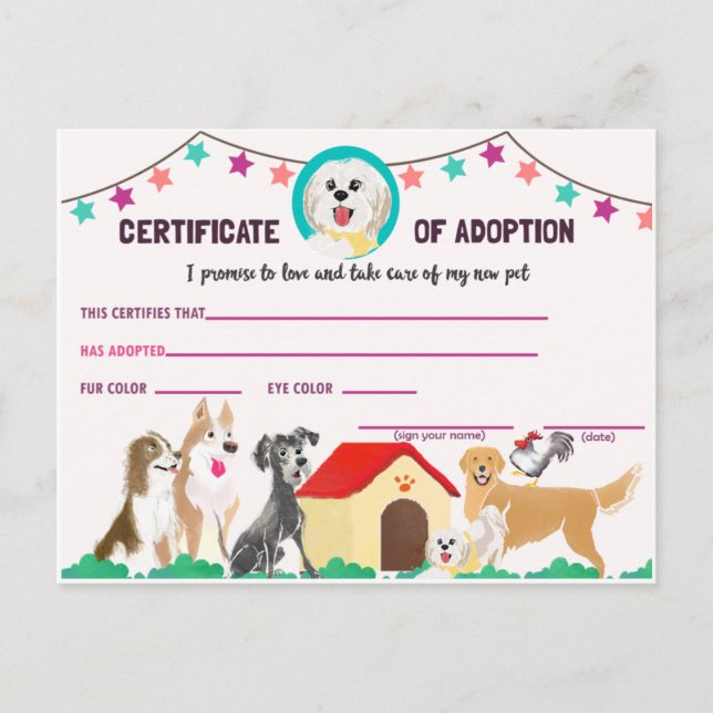 Cartão Postal De Convite Puppy Adoption Certificate for a Pet Invitation Po (Frente)