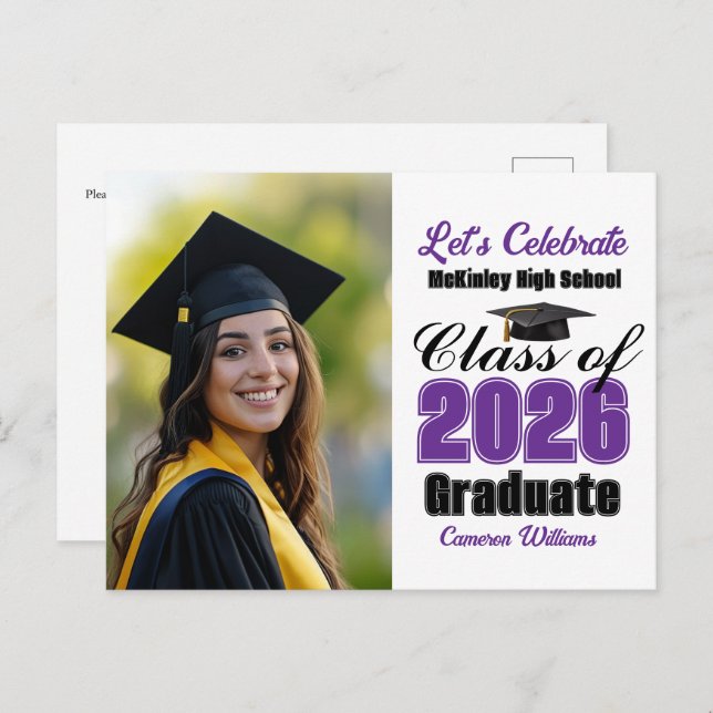 Cartão Postal De Convite Purple Class of 2026 Photo Graduation Party (Frente/Verso)