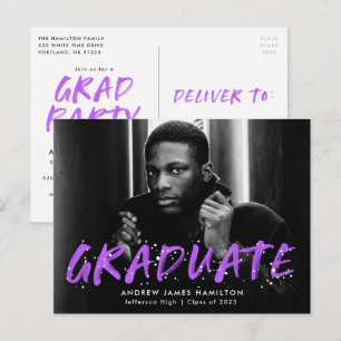 Cartão Postal De Convite Purple Paint Splatter Photo Graduation Party