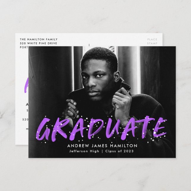 Cartão Postal De Convite Purple Paint Splatter Photo Graduation Party (Frente/Verso)