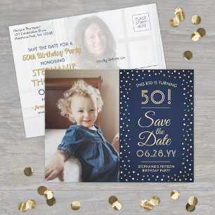 Cartão Postal De Convite QUALQUER Aniversário 2 Marinho de Foto Azul Dourad