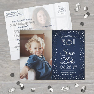 Cartão Postal De Convite Qualquer Aniversário de 2 Fotos Azul Marinho Branc