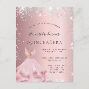 Cartão Postal De Convite Quinceanera blush prateado pó vestido
