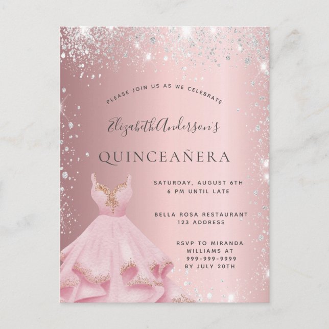 Cartão Postal De Convite Quinceanera blush prateado pó vestido (Frente)