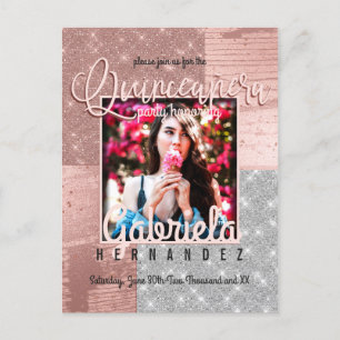 Cartão Postal De Convite Quinceañera do Glitter Silver Dourado Moderno Rosa