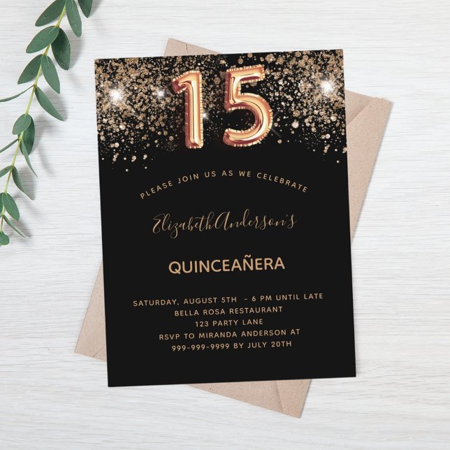 Cartão Postal De Convite Quinceanera, dourada negra (Criador carregado)