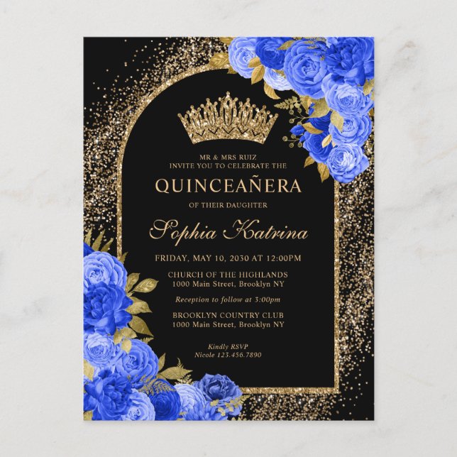 Cartão Postal De Convite Quinceanera Floral Dourada Azul Real Preta (Frente)