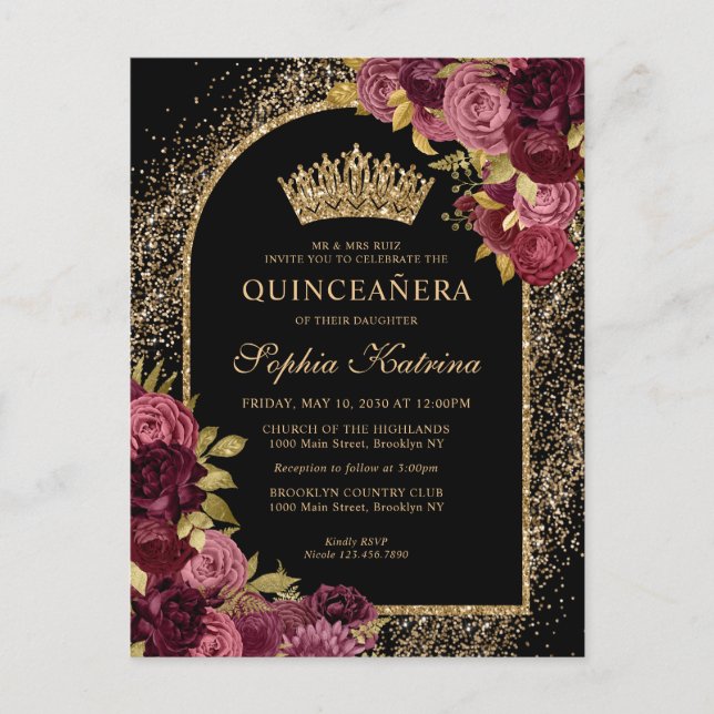 Cartão Postal De Convite Quinceanera Floral Dourada Vermelha Burgundia Negr (Frente)