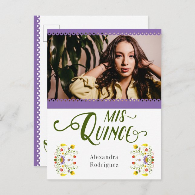 Cartão Postal De Convite Quinceanera Foto Floral Do México Tradicional Roxo (Frente/Verso)