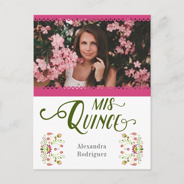 Cartão Postal De Convite Quinceanera Foto Floral Mexicana Tradicional Rosa (Frente)