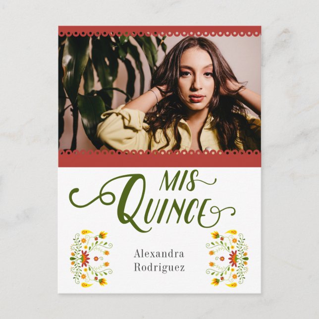 Cartão Postal De Convite Quinceanera Foto Floral Mexicana Vermelha Tradicio (Frente)