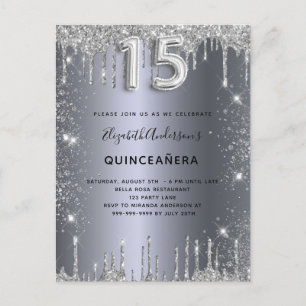 Cartão Postal De Convite Quinceanera pó de metal prateado