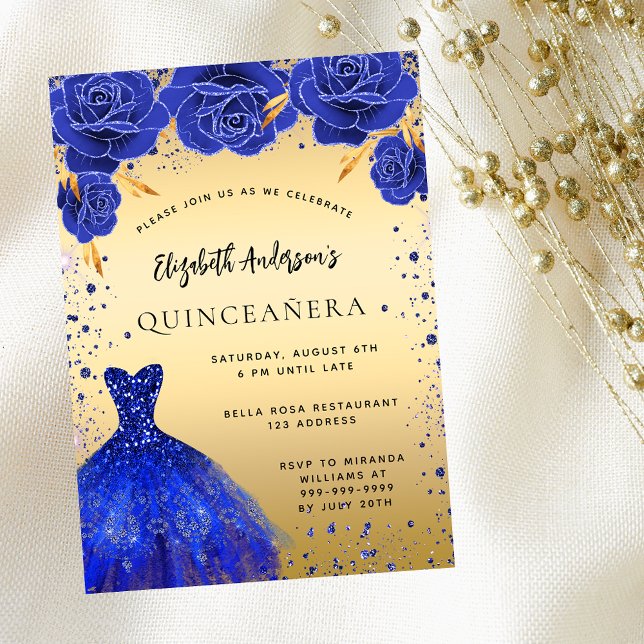 Cartão Postal De Convite Quinceanera real de ouro azul esfolado florais (Criador carregado)