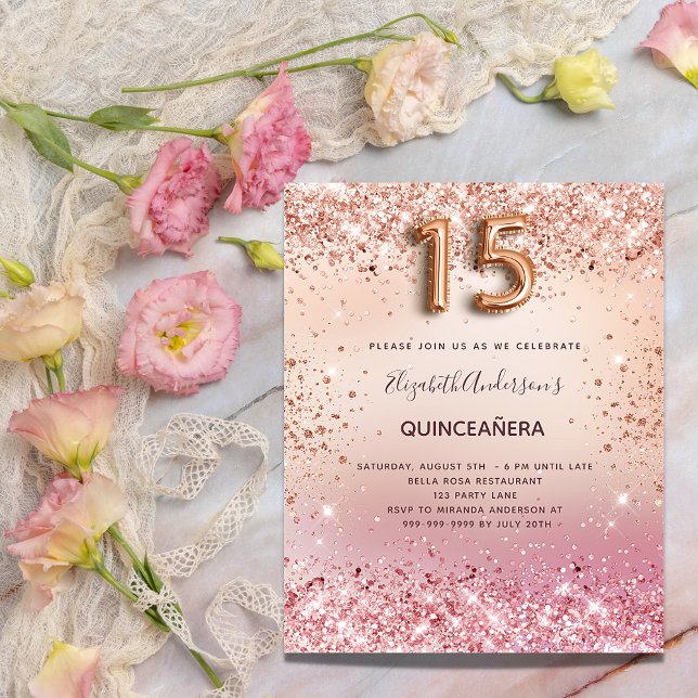 Cartão Postal De Convite Quinceanera rosa dourado, confete rosa (Criador carregado)