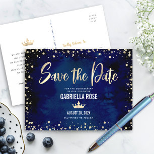Cartão Postal De Convite Quinceañera Salvar a Data Azul Ouro Brilho Coroa