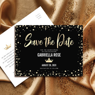 Cartão Postal De Convite Quinceañera Salve o Dia Coroa com Glitter Preto e 