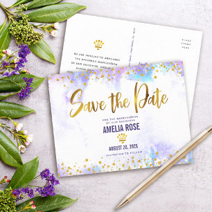 Cartão Postal De Convite Quinceañera Save Date Purple Watercolor Gold Foil