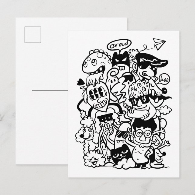 Cartão Postal De Convite Quirky Personagem de desenho animado Crowd (Frente/Verso)